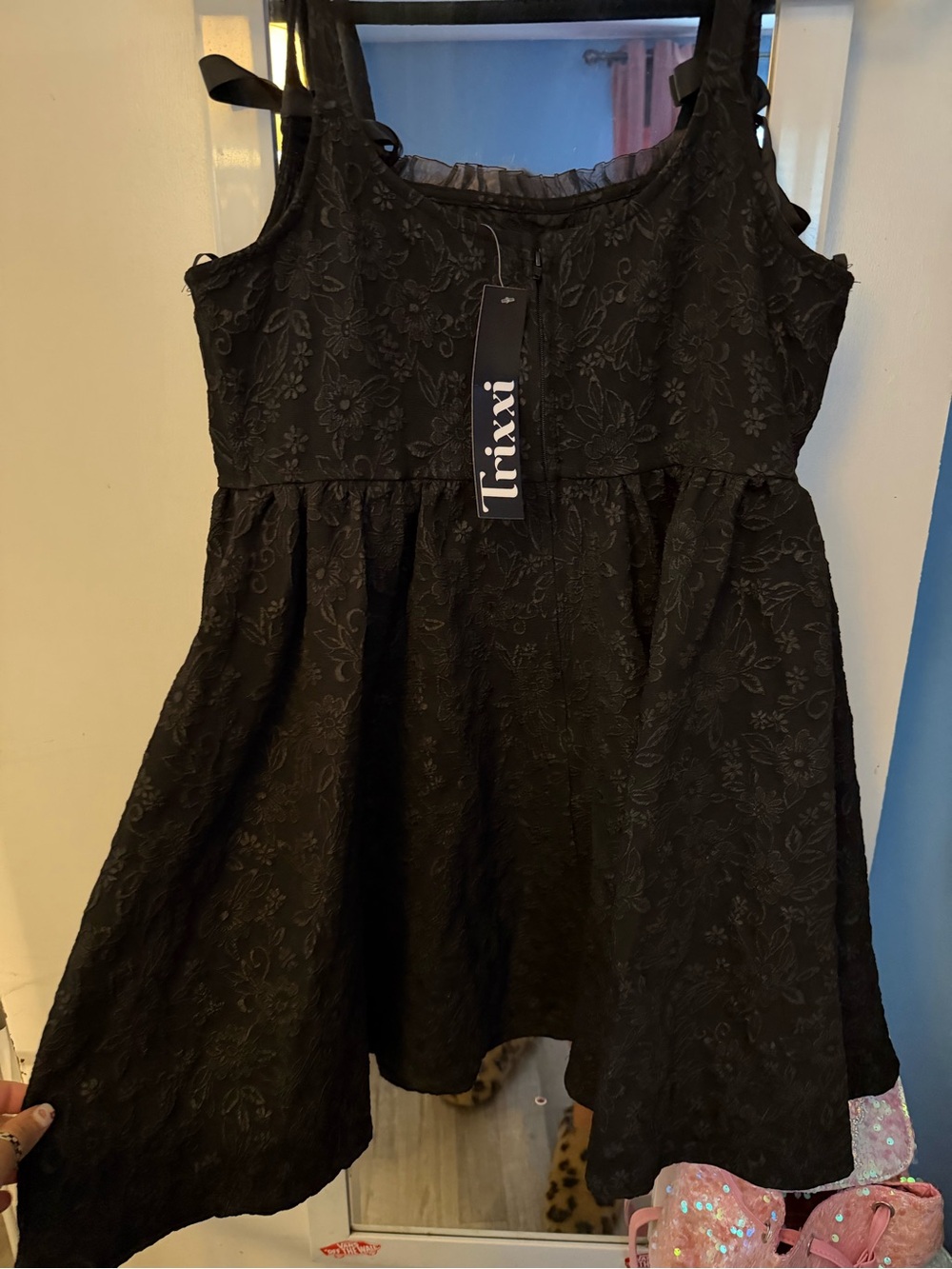 Trixxi Black Floral Jacquard Ribbon-Tie Mini Dress - Picture 4 of 5